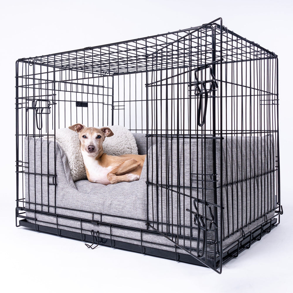 Machine washable, luxury high-wall dog bed inside a dog crate -the Deeply Dishy Bed in Heron Grey