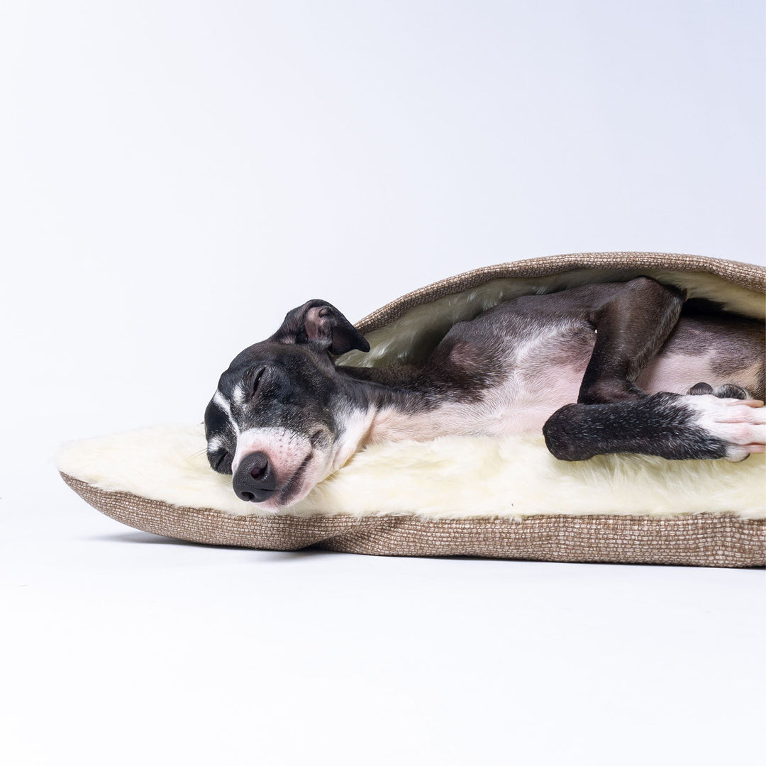 Burrow Bag for Dogs in Weave II Oak - a luxury dog bed with a snuggle sack design for dogs that like to sleep under covers.