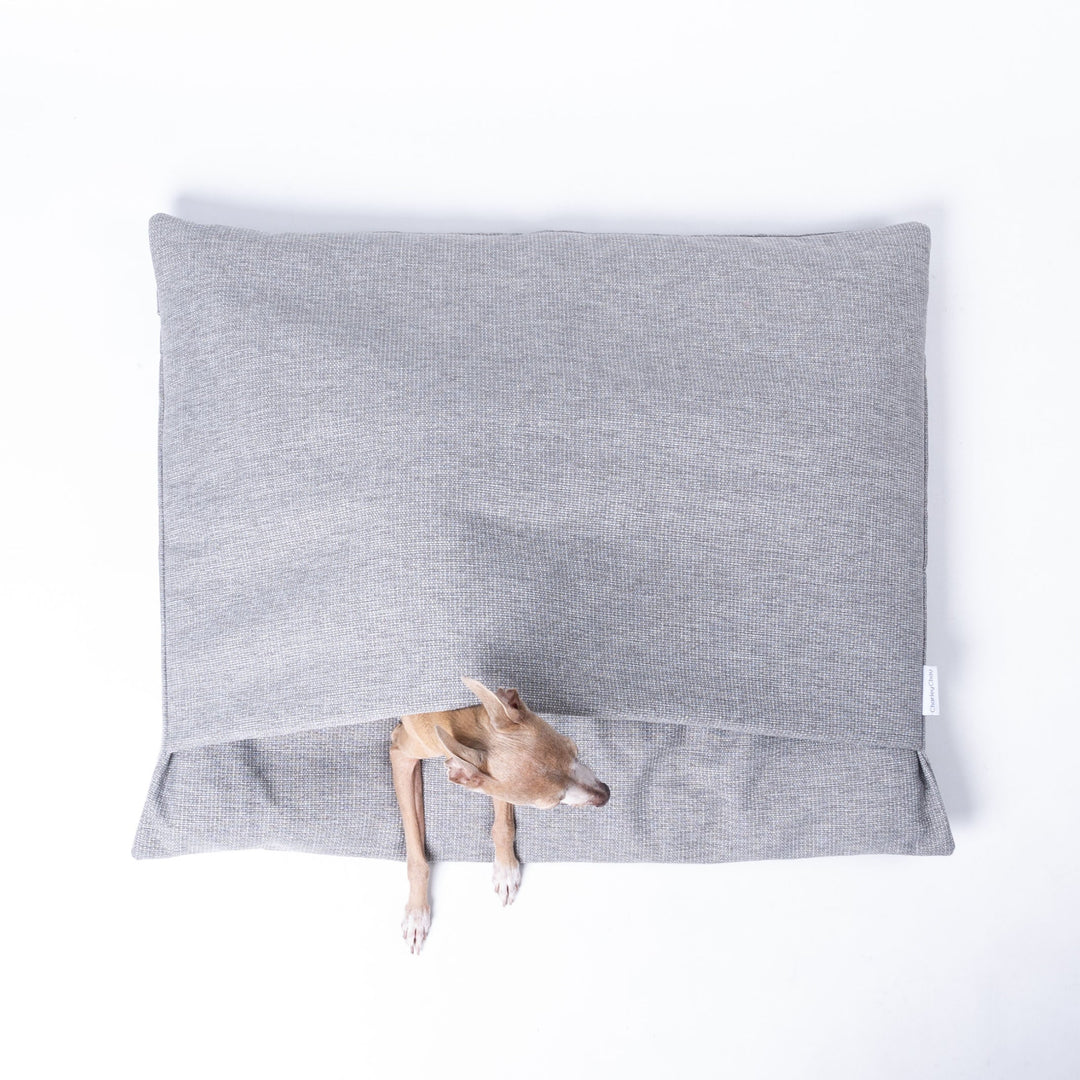 Dog Snuggle Sack style dog bag - the Burrow Bag for Dogs, made to withstand scrabbling. Shown in Weave II fabric, colour Heron Grey.