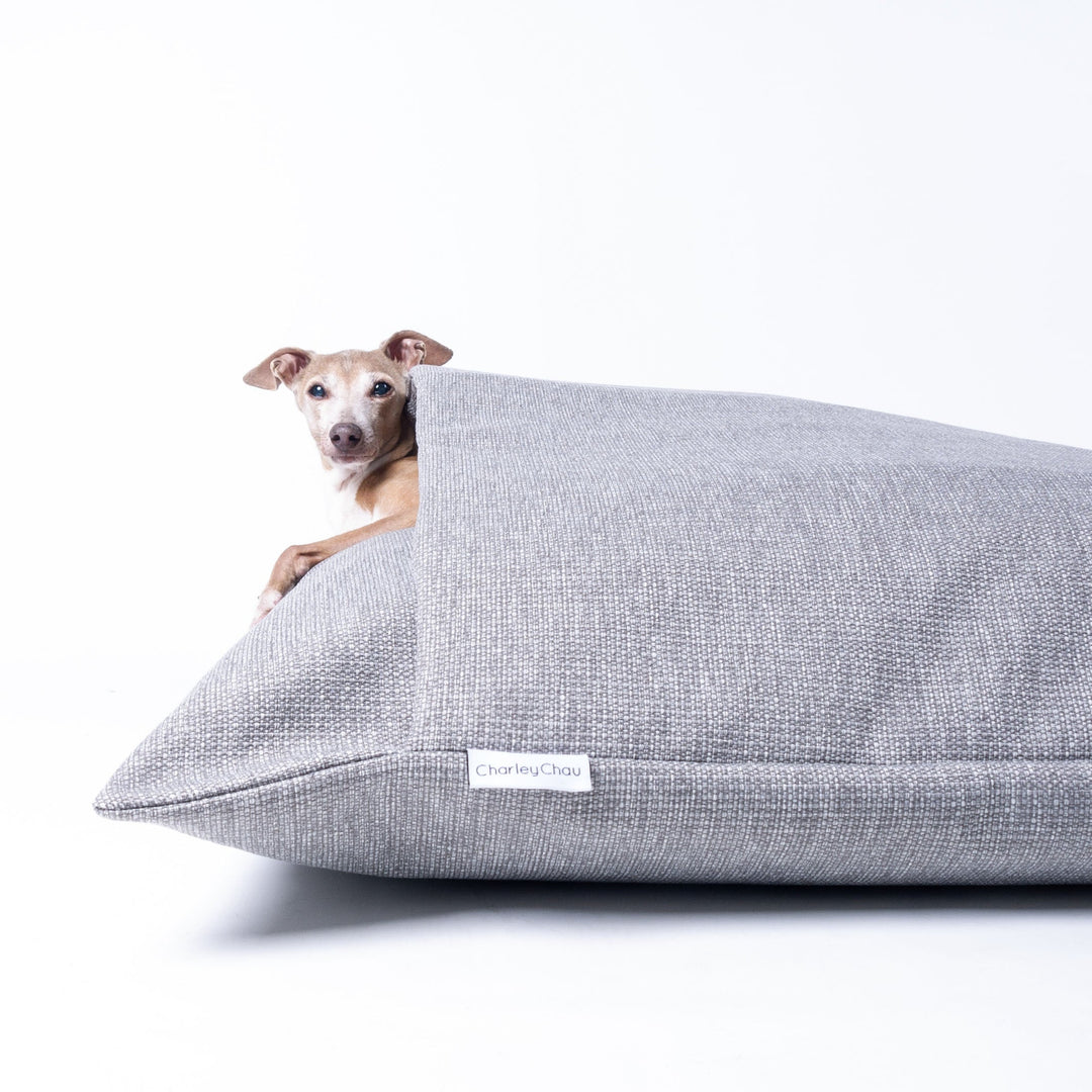 Dog Snuggle Bed for Scrabblers in Weave II (Heron Grey colour) - a luxury cosy cave style dog bed made with a resilient upholstery quality fabric.