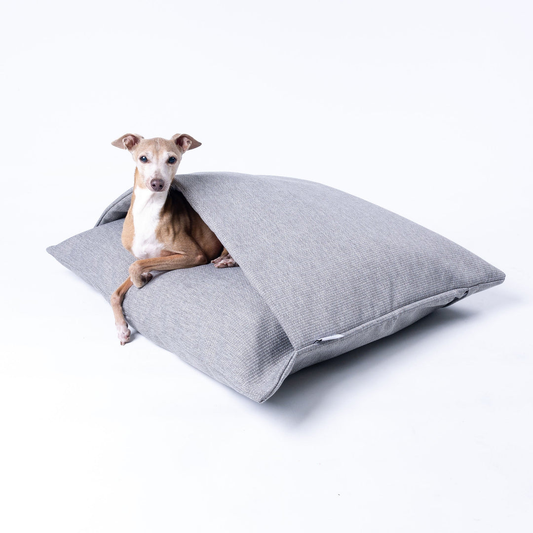 Dog Snuggle Bed for Scrabblers in Weave II (Heron Grey colour) - a luxury cosy cave style dog bed made with a resilient upholstery quality fabric.