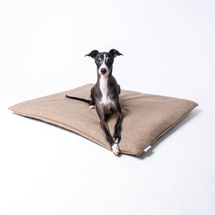 Luxury Dog Travel Pad by designer Charley Chau with a dog lying on top, in Weave II, a textured upholstery fabric in a warm neutral tone called Oak.