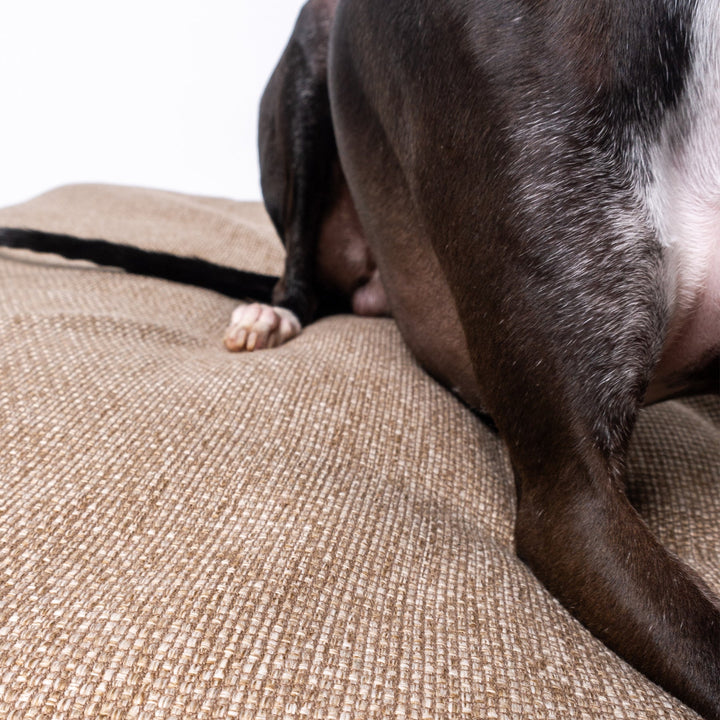 Close up of a luxury Dog Travel Pad by designer Charley Chau with a dog lying on top, in Weave II, a textured upholstery fabric in a warm neutral tone called Oak.