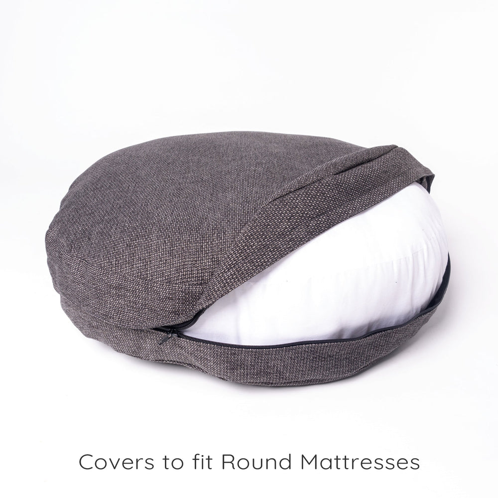 Luxury Round Dog Bed Mattress by Charley Chau showing the removable and machine washable bed cover and internal deep-filled luxury mattress insert.